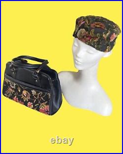 Vintage Carpet Bag Purse & Pillbox Hat Set Union Label 60s Tapestry Plush 2 PC
