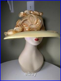 Vintage Champagne ITALY Women's Wide Brimmed Embellished Floral Hat #2558B
