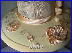 Vintage Champagne ITALY Women's Wide Brimmed Embellished Floral Hat #2558B