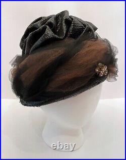 Vintage Chapeaux DuMonde Womens Turban Hat One Size Black Straw Brown Net Bling