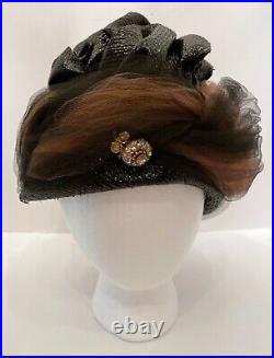 Vintage Chapeaux DuMonde Womens Turban Hat One Size Black Straw Brown Net Bling