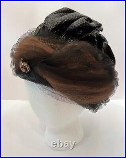 Vintage Chapeaux DuMonde Womens Turban Hat One Size Black Straw Brown Net Bling