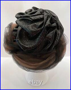 Vintage Chapeaux DuMonde Womens Turban Hat One Size Black Straw Brown Net Bling