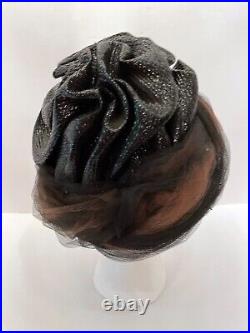 Vintage Chapeaux DuMonde Womens Turban Hat One Size Black Straw Brown Net Bling