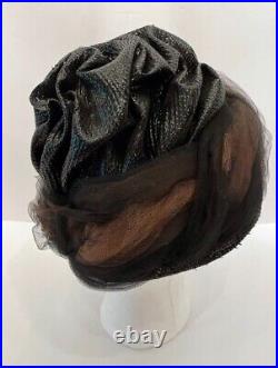 Vintage Chapeaux DuMonde Womens Turban Hat One Size Black Straw Brown Net Bling