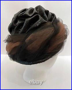 Vintage Chapeaux DuMonde Womens Turban Hat One Size Black Straw Brown Net Bling