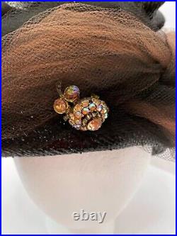 Vintage Chapeaux DuMonde Womens Turban Hat One Size Black Straw Brown Net Bling