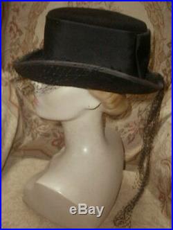 Vintage Christian DIOR RIDING TOP HAT Black Velour Felt w Silk Veiling Ribbon L