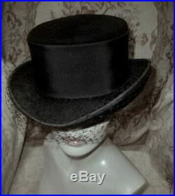 Vintage Christian DIOR RIDING TOP HAT Black Velour Felt w Silk Veiling Ribbon L