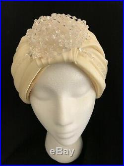 Vintage Christian Dior 60s turban cream/ivory satin with clear beaded accents