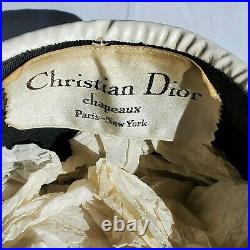 Vintage Christian Dior Black & Ivory Pillbox Hat Gorgeous Sz 22