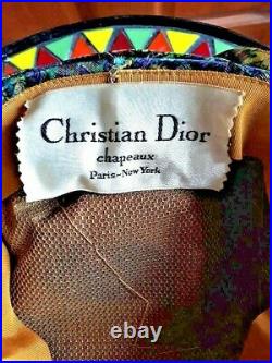 Vintage Christian Dior Blue/Green & Gold Lame' Turban Hat With Sequins Chapeaux