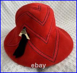 Vintage Christian Dior Licence Chapeaux Wide Brim Hat Red Felt Black Embroidery