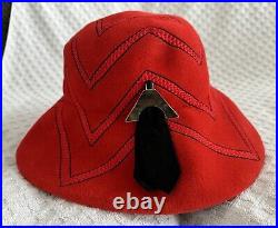 Vintage Christian Dior Licence Chapeaux Wide Brim Hat Red Felt Black Embroidery