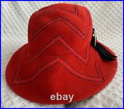 Vintage Christian Dior Licence Chapeaux Wide Brim Hat Red Felt Black Embroidery