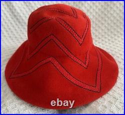 Vintage Christian Dior Licence Chapeaux Wide Brim Hat Red Felt Black Embroidery