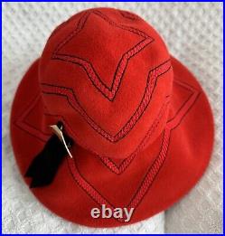 Vintage Christian Dior Licence Chapeaux Wide Brim Hat Red Felt Black Embroidery