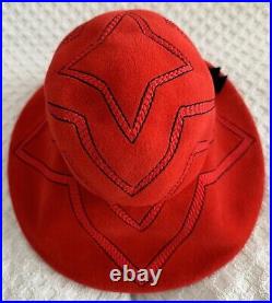 Vintage Christian Dior Licence Chapeaux Wide Brim Hat Red Felt Black Embroidery