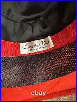 Vintage Christian Dior Licence Chapeaux Wide Brim Hat Red Felt Black Embroidery