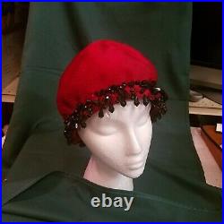 Vintage Christian Dior chapeaux ParisNew York Flapper Red Hat, Short fur beaded