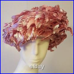Vintage, D, Pink, Wool, Rhinestone/Feathered Applique, Pillbox Hat (Med)