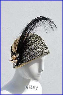 Vintage DON ANDERSON turban hat gold flapper Glam hat turban feather accessory