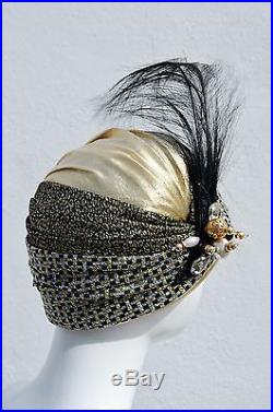 Vintage DON ANDERSON turban hat gold flapper Glam hat turban feather accessory