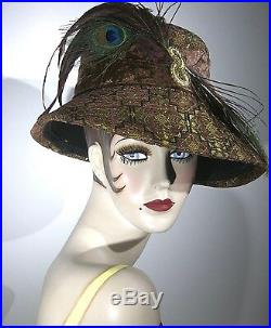 Vintage DONNA VINCI COUTURE Hat Wool Brocade Fabric Peacock Feathers EXCELLENT