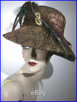 Vintage DONNA VINCI COUTURE Hat Wool Brocade Fabric Peacock Feathers EXCELLENT