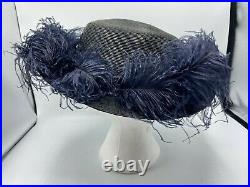 Vintage Dark Navy Straw Hat With Deep Navy Ostrich Feathers Silk Lined