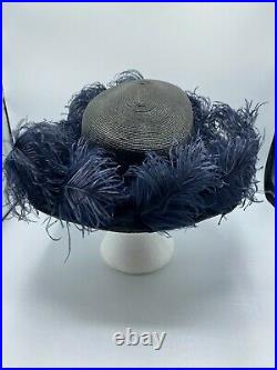 Vintage Dark Navy Straw Hat With Deep Navy Ostrich Feathers Silk Lined