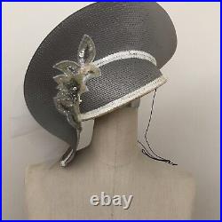 Vintage Deborah Hat Gray Straw Sequins Net Flower Church Cocktail 6 7/8