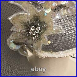 Vintage Deborah Hat Gray Straw Sequins Net Flower Church Cocktail 6 7/8