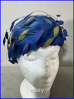 Vintage Desi of New York 1960's Ladies Hat Blue Feathers 7 Leaves Original NY