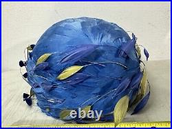 Vintage Desi of New York 1960's Ladies Hat Blue Feathers 7 Leaves Original NY