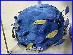 Vintage Desi of New York 1960's Ladies Hat Blue Feathers 7 Leaves Original NY