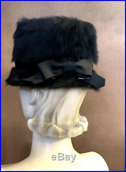 Vintage Dior Black Angora Mod 1960s Audrey Hepburn Style Deep Cloche Hat