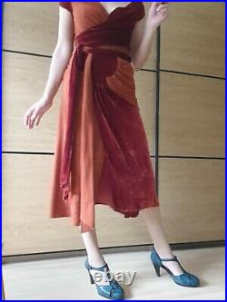 Vintage Donna Karan DKNY silk wool velvet orange rust red wrap dress uk 10