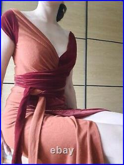 Vintage Donna Karan DKNY silk wool velvet orange rust red wrap dress uk 10