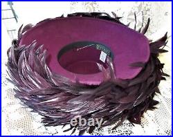 Vintage Donna Vinci Couture Dark Purple Feather & 100% Wool Felt Hat 22 1/2