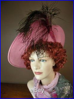 Vintage Dramatic Jack McConnell Red Feather Hat Pink Felt Wide Brim Derby H30