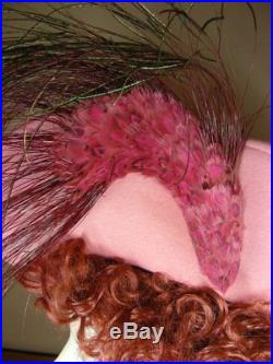Vintage Dramatic Jack McConnell Red Feather Hat Pink Felt Wide Brim Derby H30