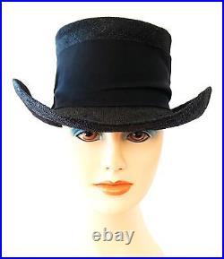 Vintage ERIC JAVITS Open Weave Black Straw Hat with Oversize Grograin Bow