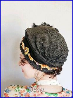 Vintage Edwardian Black Straw Hat 1910s Art Nouveau Silk Flowers Cloche Bucket