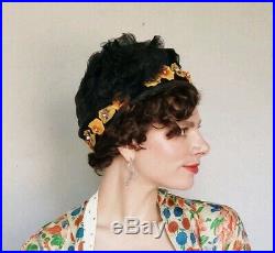Vintage Edwardian Black Straw Hat 1910s Art Nouveau Silk Flowers Cloche Bucket