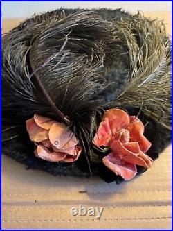 Vintage Edwardian Black fur and ostrich feather hat