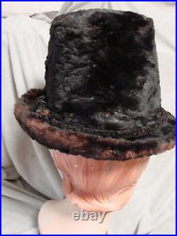 Vintage Edwardian Furry Beaver Hat Brim BLACK Top Hat Tall Antique Percher Fur