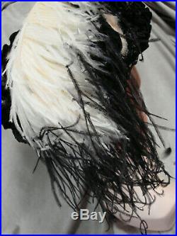Vintage Edwardian Hat LACE BLACK Antique Bicolor Ostrich Feather PARIS Velvet GC