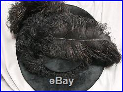 Vintage Edwardian OSTRICH FEATHERS Hat WIDE Brim BLACK Beaver FUR LARGE Antique