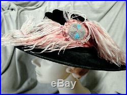 Vintage Edwardian Wide Brim Hat VELVET GC BEADED APPLIQUE Ostrich Feather